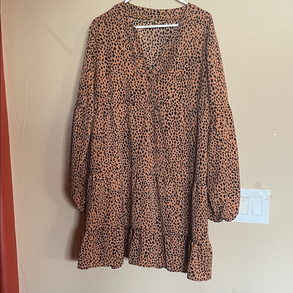 Source Unknown Brown Black Printed Long Sleeve Tiered Dress